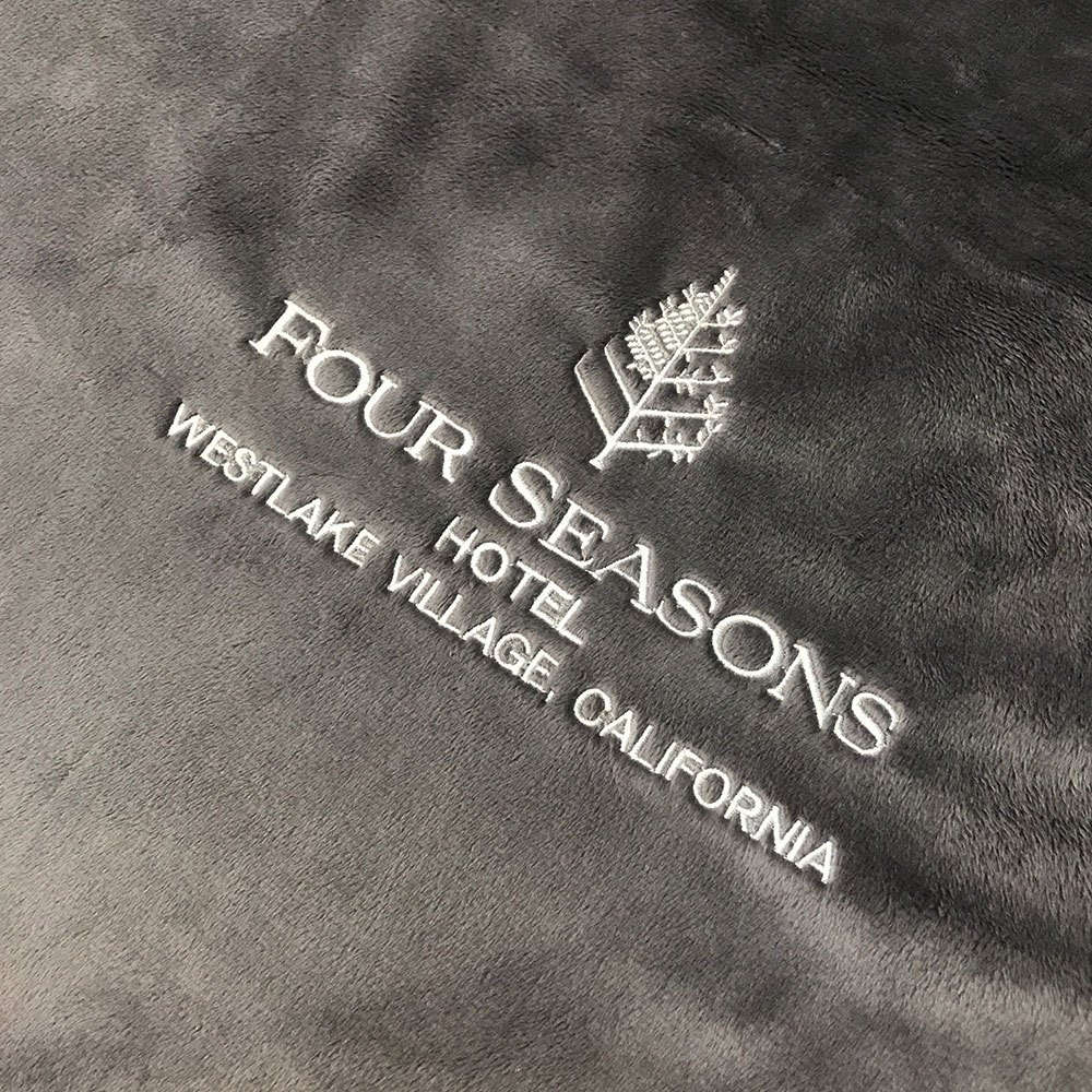 Four Seasons Hotel Embroidery on Minky Fabric for Eloise Pet Accessories